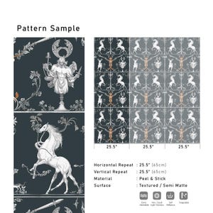 May include: A black and white wallpaper pattern with a repeating design of a mythical creature, a sword, and floral elements. The pattern has a textured, semi-matte finish and is 25.5 inches wide by 25.5 inches high.