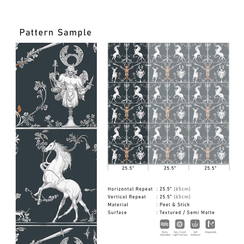 May include: A black and white wallpaper pattern with a repeating design of a mythical creature, a sword, and floral elements. The pattern has a textured, semi-matte finish and is 25.5 inches wide by 25.5 inches high.
