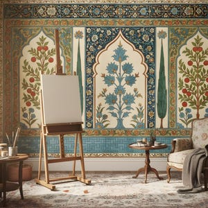May include: An artist's studio with a wooden easel holding a blank canvas. The room features ornate wall decor with floral and geometric patterns in teal, orange, and cream. A small table with art supplies and a patterned armchair complete the scene.