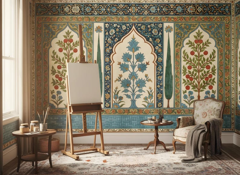 May include: An artist's studio with a wooden easel holding a blank canvas. The room features ornate wall decor with floral and geometric patterns in teal, orange, and cream. A small table with art supplies and a patterned armchair complete the scene.