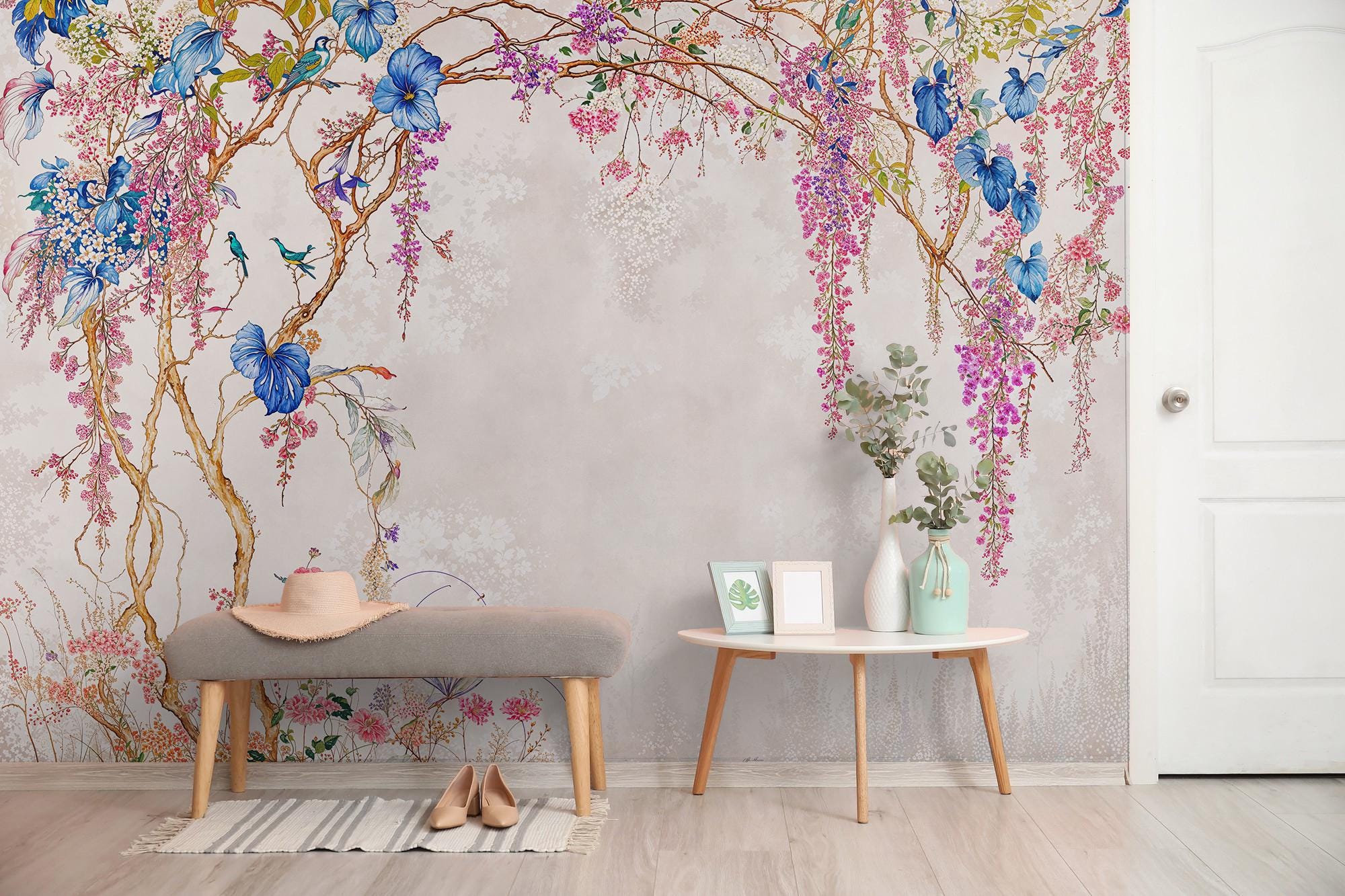 Chinoiserie Mural Wisteria Flower Wallpaper Pink Floral Wall Paper Peel ...