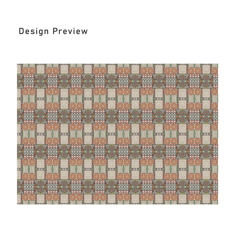 May include: A repeating pattern of colorful geometric shapes in a grid. The pattern features a variety of colors, including red, orange, green, blue, and white. The shapes are arranged in a symmetrical pattern, creating a visually appealing design.