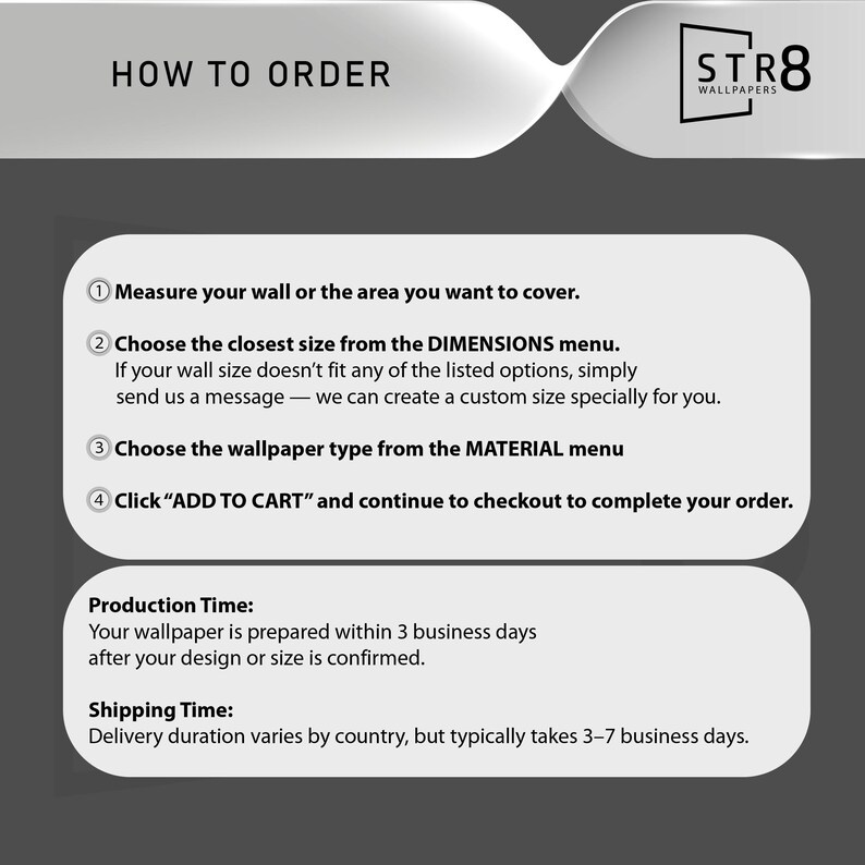 May include: Graphic with instructions on how to order wallpaper. The steps include measuring the wall, choosing the size, selecting the wallpaper type, and adding to cart. The image also mentions production and shipping times.