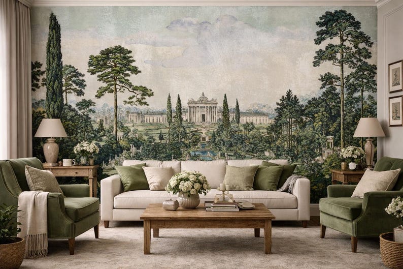 Peut inclure: Une peinture murale repr&eacute;sentant un paysage avec un b&acirc;timent classique entour&eacute; de grands pins et de cypr&egrave;s, dans une palette de couleurs sourdes de verts, de bruns et de bleus doux, couvrant tout le mur derri&egrave;re un canap&eacute; beige et deux fauteuils.