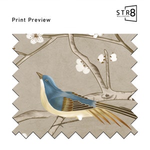 May include: A beige background with a blue and brown bird perched on a branch. The bird has a long tail and is surrounded by white flowers.