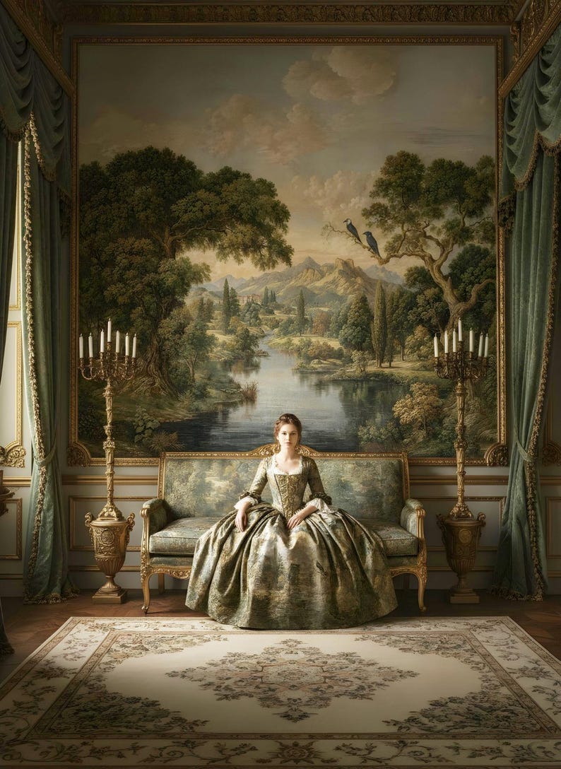 May include: A woman in a period gown sits on a sofa in a room with a large landscape painting. The room features ornate gold accents, candelabras, and a patterned rug. The gown is gold and green.