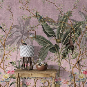 Pink Chinoiserie Wallpaper, Japanese Blossom, Chinese Art / Removable traditional Peel Stick