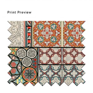 May include: A colorful patchwork design featuring intricate geometric patterns in shades of red, blue, yellow, and white. The design is reminiscent of stained glass windows.