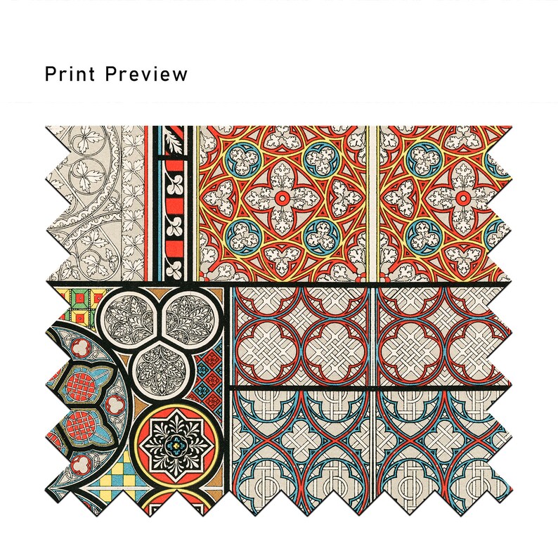 May include: A colorful patchwork design featuring intricate geometric patterns in shades of red, blue, yellow, and white. The design is reminiscent of stained glass windows.