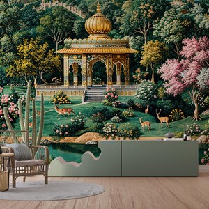 May include: A vibrant mural depicting a lush garden scene with a golden gazebo, deer, and blooming trees. The artwork features a serene landscape with a pond, stairs, and a distant fortress, creating a tranquil atmosphere.