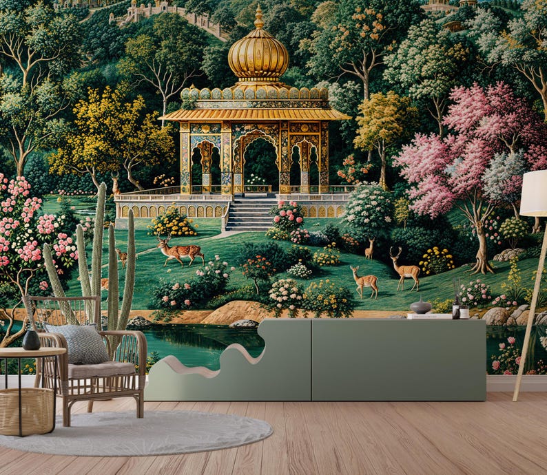 May include: A vibrant mural depicting a lush garden scene with a golden gazebo, deer, and blooming trees. The artwork features a serene landscape with a pond, stairs, and a distant fortress, creating a tranquil atmosphere.