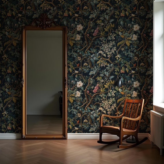 Dark Botanical Peel and Stick Wallpaper: Whimsical Branches, Textured Wall Mural
