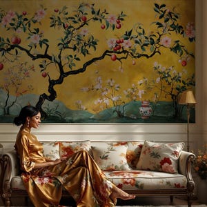 May include: A woman in a gold silk robe sits on a floral patterned sofa in front of a wall mural depicting a flowering tree with red fruit. The mural is painted in shades of yellow, green, and white.