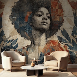 May include: A large wall mural featuring a detailed charcoal portrait of a woman with an afro. The background incorporates geometric patterns in shades of blue, red, and beige. Two cream-colored armchairs and a marble coffee table are in the foreground.