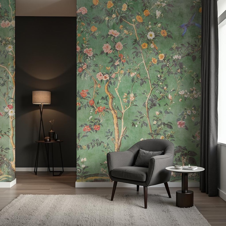 Grön Chinoiserie-tapet, Förtrollad asiatisk trädgård, Slanka träd och växter - Avtagbar, självhäftande stift och traditionell bild 2