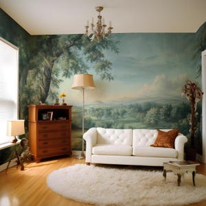 May include: A white leather sofa with tufted buttons sits in a living room with a large mural depicting a landscape scene. The mural features trees, hills, and a blue sky. A wooden dresser with drawers is to the left of the sofa, and a white fluffy rug is in front of the sofa.