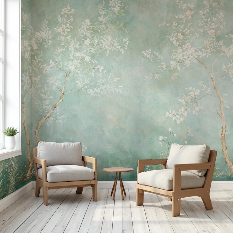 Puede incluir: Dos sillones de color claro con marcos de madera se encuentran frente a una pared con un papel tapiz floral verde y blanco. Una peque&ntilde;a mesa redonda se encuentra entre las sillas.