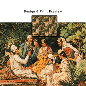 May include: An artistic print preview featuring a historical scene with figures in draped clothing, set amidst lush greenery. The image includes the text "Design & Print Preview" and a smaller inset showcasing a repeating architectural pattern.