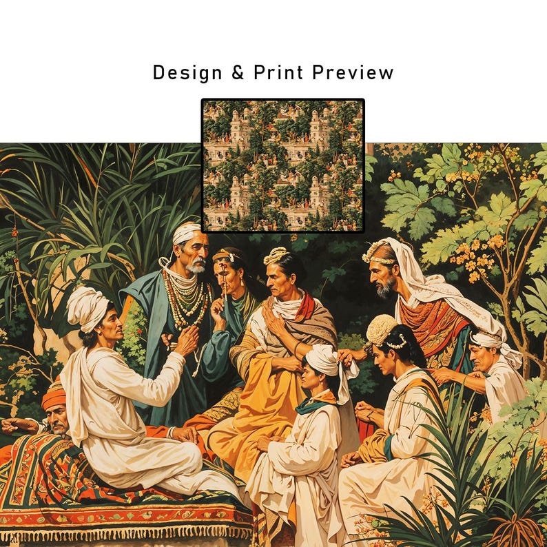 May include: An artistic print preview featuring a historical scene with figures in draped clothing, set amidst lush greenery. The image includes the text "Design & Print Preview" and a smaller inset showcasing a repeating architectural pattern.
