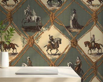 Papier peint équestre du milieu du siècle | Décoration murale vintage à motif de cheval pour salon, amovible et autocollant