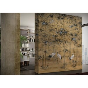 heron, crane, bamboo, beige, bathroom, boho retro, painting bathroom, removable Peel and stick wallpaper,