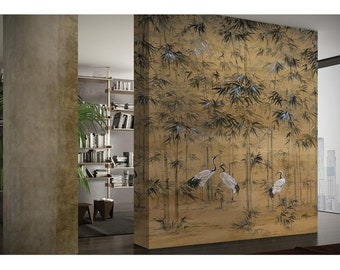 heron, crane, bamboo, beige, bathroom, boho retro, painting bathroom, removable Peel and stick wallpaper,
