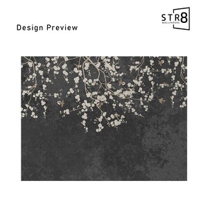 May include: A black and white wallpaper design featuring a branch of white cherry blossoms with small brown birds on a dark gray background.
