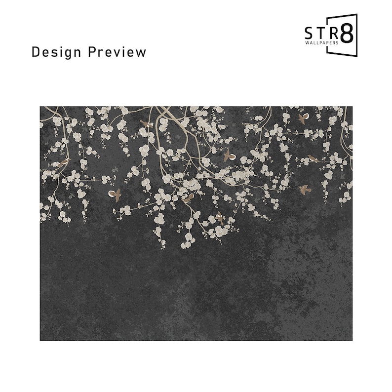 May include: A black and white wallpaper design featuring a branch of white cherry blossoms with small brown birds on a dark gray background.