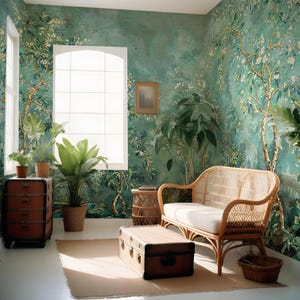 May include: A living room with a green floral wallpaper, a wicker sofa, a wooden trunk, and a potted plant. The wallpaper features a repeating pattern of green leaves and white flowers.
