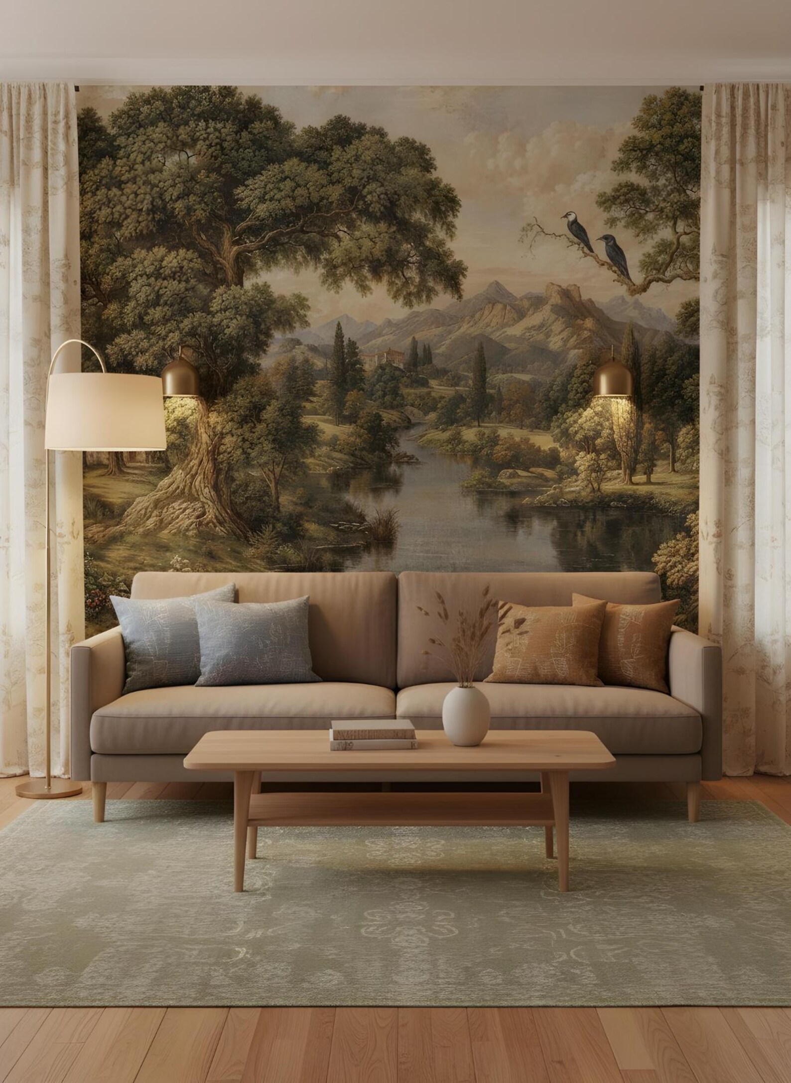 Landscape Wallpaper Pastoral Mural Vintage Painting Peel and Stick ...