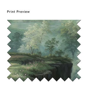 May include: A painting of a misty forest scene with a waterfall in the background. The painting features a variety of trees, including a large white tree in the foreground. The painting is done in a realistic style and has a calming and peaceful atmosphere.