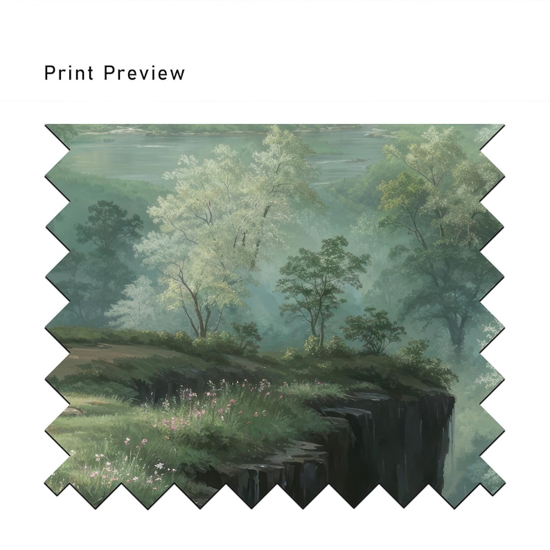May include: A painting of a misty forest scene with a waterfall in the background. The painting features a variety of trees, including a large white tree in the foreground. The painting is done in a realistic style and has a calming and peaceful atmosphere.