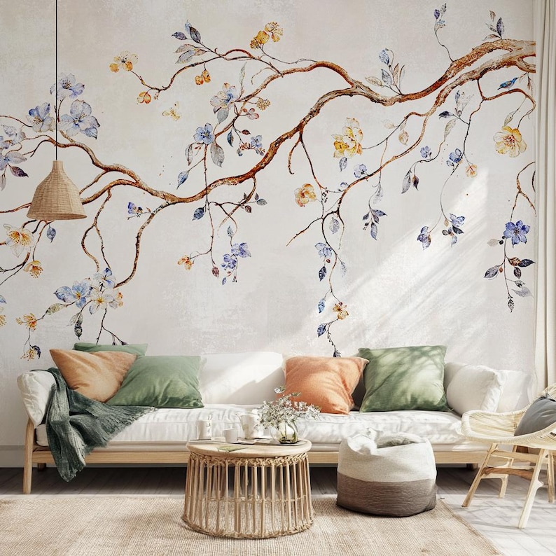 Chinoiserie blommig tapet: Vintage beige gren, självhäftande väggmålning bild 1