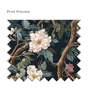 May include: A fabric swatch with a floral design. The pattern features large white flowers with yellow centers, set against a dark blue background. Green leaves and brown branches complete the botanical theme. The text "Print Preview" is at the top.