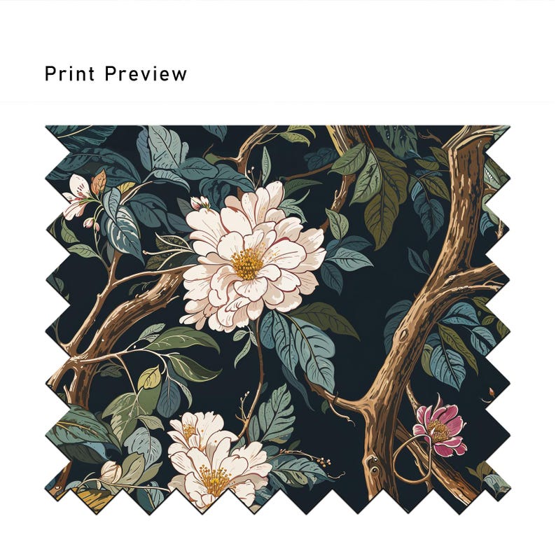 May include: A fabric swatch with a floral design. The pattern features large white flowers with yellow centers, set against a dark blue background. Green leaves and brown branches complete the botanical theme. The text "Print Preview" is at the top.