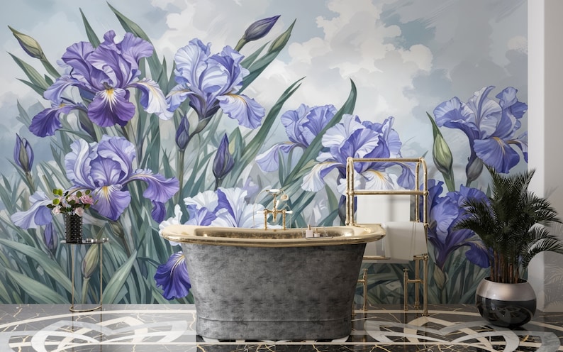 May include: A bathroom with a freestanding bathtub and a floral wallpaper featuring purple and white irises. The wallpaper has a light blue background with white clouds.