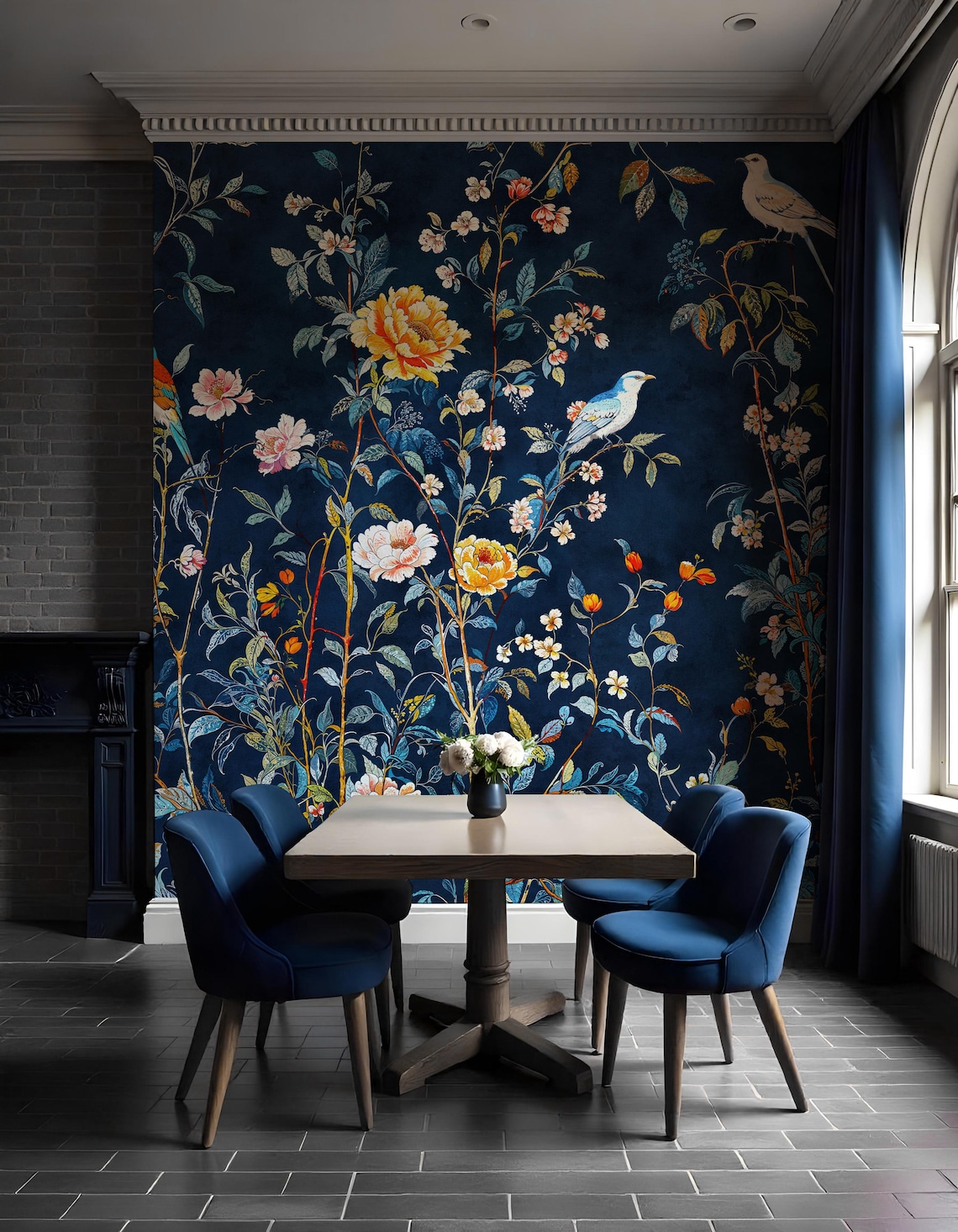 Dark Chinoiserie Mural Wallpaper, Navy Blue Botanical Peel Stick ...