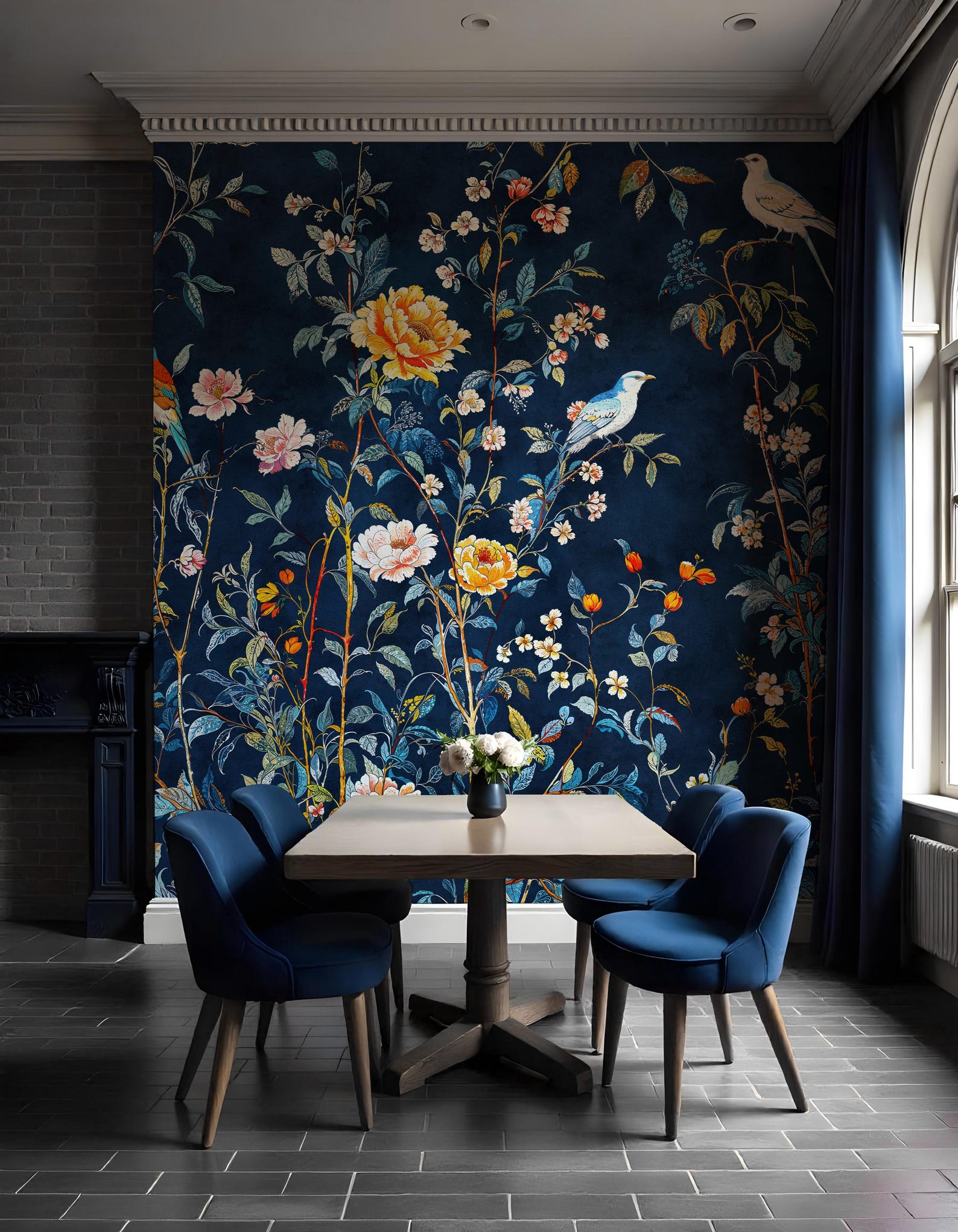Dark Chinoiserie Mural Wallpaper, Navy Blue Botanical Peel Stick ...