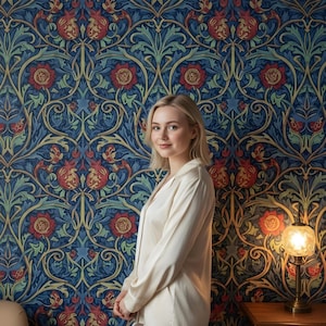 May include: A woman wearing a cream-colored pajama set stands in front of a blue wallpaper with a repeating floral pattern in red, green, and gold. A small wooden table with a lamp is visible on the right.