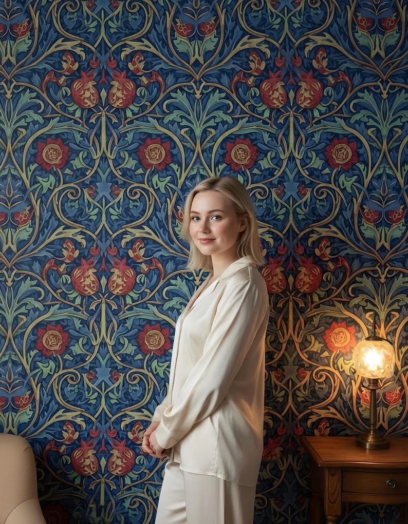 May include: A woman wearing a cream-colored pajama set stands in front of a blue wallpaper with a repeating floral pattern in red, green, and gold. A small wooden table with a lamp is visible on the right.