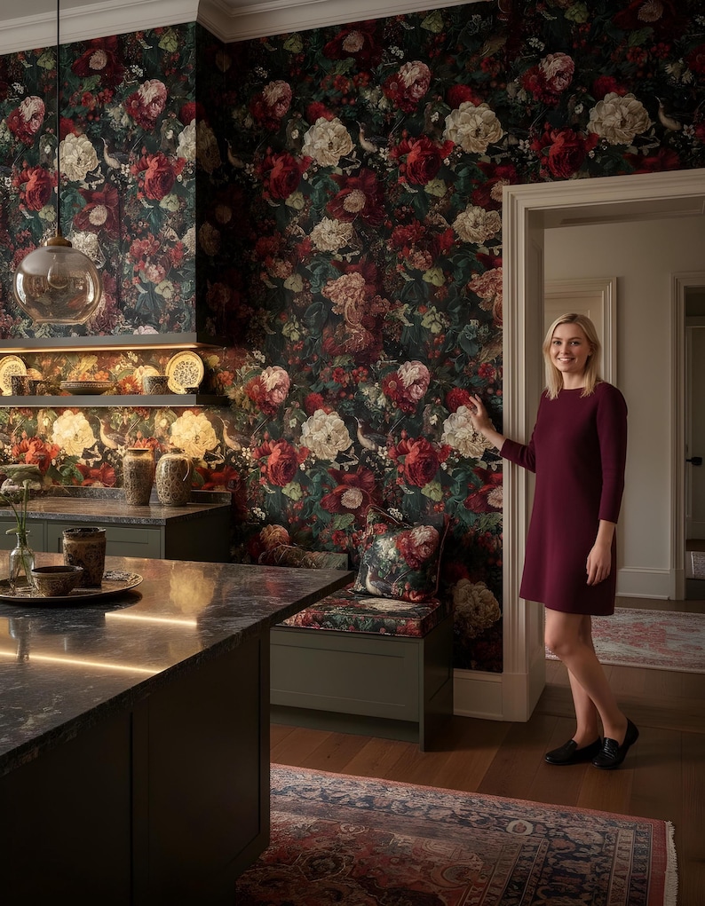 May include: A kitchen with dark green cabinets and a black countertop. The walls are covered in floral wallpaper with red and white flowers. A woman in a burgundy dress stands in the doorway. A decorative pillow with a floral pattern sits on a bench.