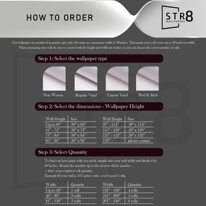 May include: Informational graphic titled "HOW TO ORDER" for STR8 Wallpapers. It details selecting wallpaper type, dimensions, and quantity. Includes size charts in inches for wall height and width, and roll quantities.