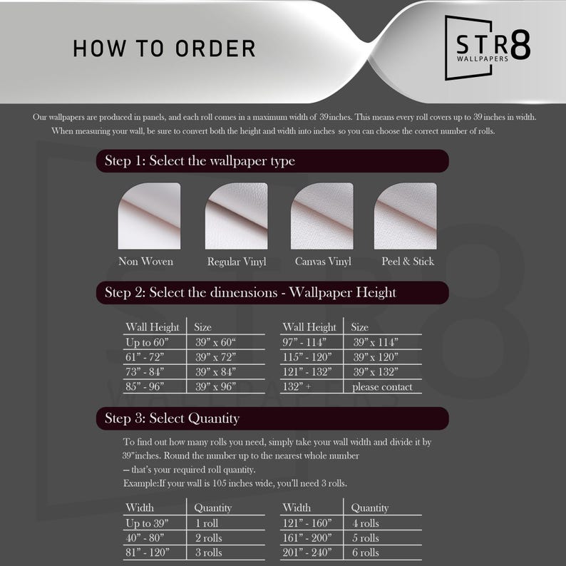 May include: Informational graphic titled "HOW TO ORDER" for STR8 Wallpapers. It details selecting wallpaper type, dimensions, and quantity. Includes size charts in inches for wall height and width, and roll quantities.