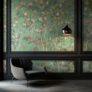 Grön Chinoiserie-tapet, Förtrollad asiatisk trädgård, Slanka träd och växter - Avtagbar, självhäftande stift och traditionell bild 5