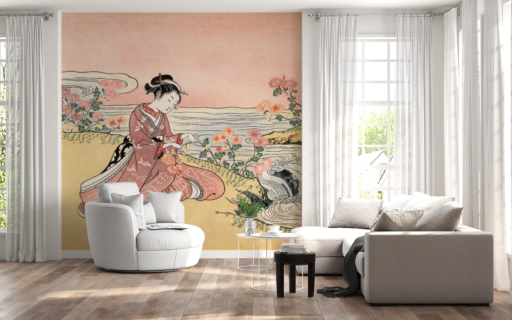 Japanese Geisha Wallpaper: Hand Painted, Removable Peel & Stick