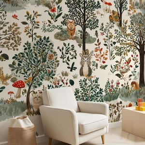 May include: A white armchair sits in front of a wall mural depicting a whimsical forest scene with colorful flowers, mushrooms, and woodland animals. The mural features a variety of green trees, red flowers, and brown mushrooms.
