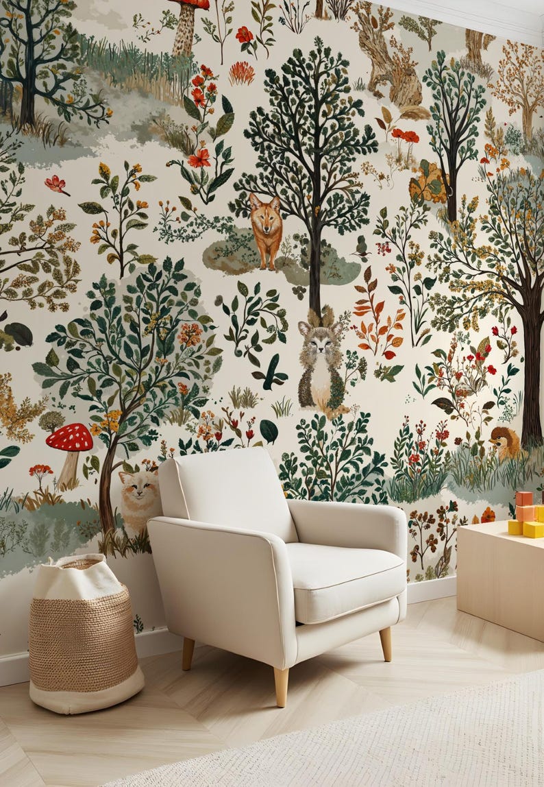 May include: A white armchair sits in front of a wall mural depicting a whimsical forest scene with colorful flowers, mushrooms, and woodland animals. The mural features a variety of green trees, red flowers, and brown mushrooms.