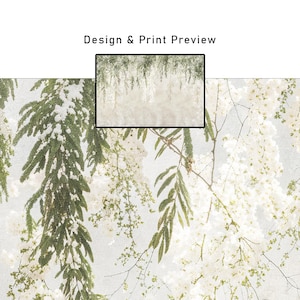 May include: A nature-themed design featuring branches with green leaves and white flowers, with a snowy effect. The words "Design & Print Preview" are at the top. The design has a soft, light color palette.