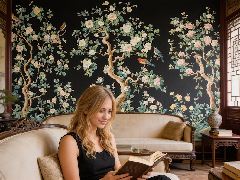 May include: A woman reading a book on a beige sofa in front of a black floral wallpaper. The wallpaper features flowering trees with birds in shades of white, pink, and green. The room has dark wood furniture and a traditional aesthetic.