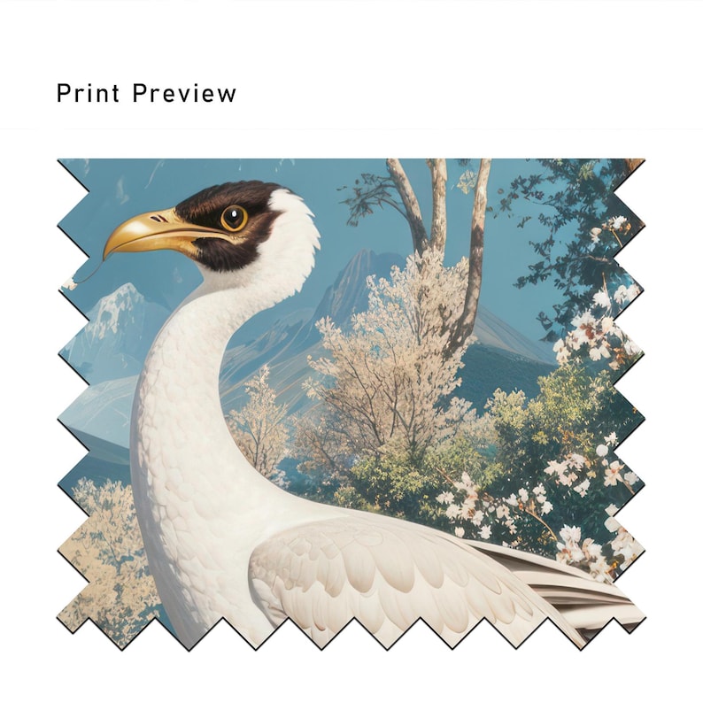 Op de afbeelding: Een witte vogel met een zwarte kop en een lange nek staat voor een berglandschap met bloeiende bomen. De vogel heeft een gele snavel en zwarte ogen. De achtergrond is een blauwe lucht met witte wolken.